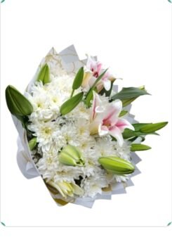 white crysanthemums mixed with lilies by blessline flowers